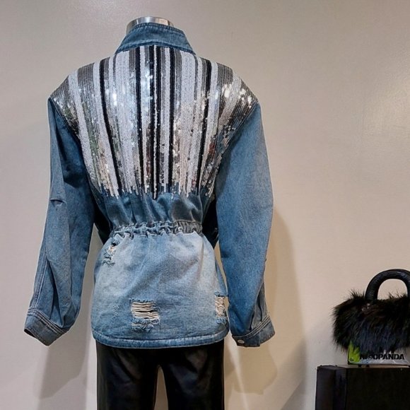 ๐ฅVTG 70s HIPPIE STYLE๐ฅ Distressed Sequinned Denim Anorak Jacket - Picture 9 of 16